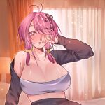  1girl bare_shoulders blush breasts cleavage commentary english_commentary hair_ornament hair_over_one_eye highres long_hair looking_at_viewer open_mouth pincboba pink_eyes pink_hair rubbing_eyes saliva solo taoqi_(wuthering_waves) wuthering_waves 