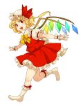  1girl back_bow blonde_hair bow collared_shirt flandre_scarlet frilled_skirt frills from_side full_body happy hat ikarimame lace-trimmed_shirt_collar large_bow mob_cap one_side_up open_mouth puffy_short_sleeves puffy_sleeves red_eyes red_ribbon red_skirt red_vest ribbon shirt short_sleeves simple_background skirt skirt_set sleeve_ribbon solo touhou vest white_background white_bow white_hat white_shirt wrist_cuffs yellow_bow 