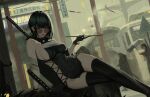  1girl arm_support bandaged_arm bandages bare_shoulders black_dress black_gloves black_hair black_thighhighs breasts bus bus_stop cityscape commentary covered_navel criss-cross_straps crossed_legs dress earrings english_commentary feet_out_of_frame glasses gloves green_eyes groin_outline halterneck high_collar highres holding holding_smoking_pipe jewelry katana large_breasts looking_at_viewer looking_over_eyewear motor_vehicle neo_(neorarty3) original people rain short_dress short_hair sideboob sitting smoking_pipe solo_focus sword thighhighs weapon 