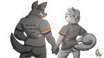  absurd_res anthro balls black_body black_fur bottomless bottomless_anthro bottomless_male canid canine canis clothed clothing daydream_os domestic_dog duo fox_(housepets!) fur genitals grey_body grey_fur hand_holding hi_res housepets! husky lgbt_pride male male/male mammal mungo_(housepets!) nordic_sled_dog pharaoh_hound pride_color_clothing pride_colors primitive_dog romantic romantic_couple shirt siberian_husky smirking_at_partner spitz text text_on_clothing text_on_shirt text_on_topwear topwear 