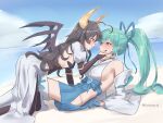  2girls absurdres after_kiss aqua_hair bare_shoulders beach black_hair black_nails blue_gloves blue_skirt blue_sky blush breasts bridal_gauntlets cloud commentary detached_sleeves dutch_angle gloves hand_on_another&#039;s_face hashtag-only_commentary highres hiiragi_utena horns large_breasts linhcoris long_hair magia_azure magia_baiser mahou_shoujo_ni_akogarete medium_breasts minakami_sayo multiple_girls nontraditional_miko ocean outdoors parted_lips pasties ponytail red_eyes revealing_clothes shirt sideboob skirt sky smile twitter_username white_shirt white_skirt wings yellow_eyes yuri 