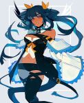  1girl bare_shoulders blue_hair borcheim dress guilty_gear guilty_gear_xrd hair_tie hairband highres looking_at_viewer nose red_eyes shorts tan white_background 