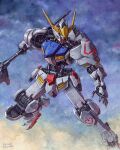  artist_name commentary english_commentary green_eyes gundam gundam_barbatos gundam_tekketsu_no_orphans hector_trunnec highres holding holding_mace holding_weapon legs_apart looking_to_the_side mace machinery mecha mecha_focus mobile_suit no_humans open_hand outstretched_arms painting_(medium) piston robot science_fiction solo traditional_media v-fin watercolor_(medium) weapon 