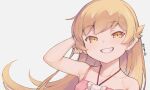  1girl adjusting_hair bare_shoulders blonde_hair collarbone commentary_request dress fangs jingai_modoki looking_at_viewer monogatari_(series) oshino_shinobu pink_dress pointy_ears simple_background smile solo teeth upper_body white_background yellow_eyes 