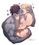  5_fingers biceps black_hair blonde_hair blush blush_lines duo fingers grey_body grey_skin hair hi_res human human_on_humanoid humanoid humanoid_pointy_ears interspecies male male/male mammal muscular muscular_human muscular_humanoid muscular_male not_furry pecs plna size_difference vein 