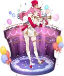  1girl balloon band_uniform boots breasts cleavage confetti dress eversoul full_body game_cg gloves hat highres holding_trumpet instrument jacket knee_boots long_sleeves looking_at_viewer marching_band medium_breasts non-web_source official_alternate_costume official_alternate_hairstyle official_art pale_skin pink_eyes pink_hair prim_(eversoul) red_jacket shako_cap smile solo sparkle stage stage_lights standing thigh_strap transparent_background trumpet twintails white_dress white_gloves wing_collar 