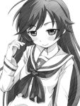  1girl ahoge bangs blouse closed_mouth commentary eyebrows_visible_through_hair girls_und_panzer gofu greyscale half-closed_eyes hand_in_hair isuzu_hana long_hair long_sleeves looking_at_viewer monochrome neckerchief ooarai_school_uniform school_uniform serafuku smile solo traditional_media 