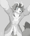  anthro antlers balls bent_over big_penis blue_eyes canid canine canis domestic_dog ear_piercing ear_ring floppy_ears front_view genitals greyscale hi_res horn humanoid_genitalia humanoid_penis looking_at_viewer male mammal monochrome nude penis piercing ring_piercing solo tail vein veiny_penis xerun 