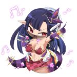  1girl arm_up armpits bikini bikini_top_only black_hair blunt_bangs bracer breasts character_request chest_jewel chibi cleavage commentary_request cube fingernails full_body gloves gold holding holding_microphone hop_step_jumpers lamia large_breasts leaf lets0020 long_hair looking_at_viewer microphone monster_girl mouth_veil music musical_note navel open_mouth pink_gemstone pointy_ears purple_gloves red_bikini red_eyes red_skirt sharp_fingernails short_bangs singing skirt slit_pupils smile solo stomach_jewel swimsuit thick_eyebrows transparent_background veil 