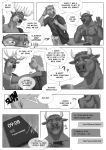  2017 5_fingers abs anthro beverage biceps blush bovid bovine bulge capreoline cattle cervid clothed clothing coffee comic dasher_whitetail dialogue digital_media_(artwork) english_text erection erection_under_clothing eyes_closed fur gasp greyscale group hi_res horn humanoid_hands lutrine male mammal monochrome muscular mustelid nipples open_mouth partially_clothed pecs reindeer rov smile sweat text topless underwear wide_eyed 