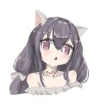  1girl animal_ears brown_dust_2 cat_ears cat_girl chest_tattoo cropped_torso dress eyebrows_hidden_by_hair grey_dress grey_hair grey_ribbon hair_between_eyes hair_ribbon highres light_blush long_hair looking_at_viewer nigiritunamayo open_mouth purple_eyes ribbon rou_(brown_dust) simple_background solo strapless strapless_dress tattoo triangle_mouth very_long_hair white_background 