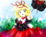  1girl :d black_shirt blonde_hair blue_eyes bow bow_choker choker flower hair_ribbon index_finger_raised lily_of_the_valley medicine_melancholy medinki official_style outstretched_arm puffy_short_sleeves puffy_sleeves red_bow red_choker red_ribbon red_skirt ribbon shirt short_hair short_sleeves skirt smile solo su-san touhou zun_(style) 