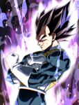  armor aura black_hair blood blood_from_mouth blue_bodysuit bodysuit check_commentary commentary_request cowboy_shot dragon_ball dragon_ball_super gloves highres medium_hair muscular muscular_male purple_eyes saiyan_armor spiked tkht_9315 transformation ultra_ego_(dragon_ball) vegeta white_armor white_gloves 