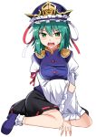 1girl alternate_breast_size black_footwear blouse breasts e.o. green_eyes green_hair highres long_sleeves looking_at_viewer mary_janes medium_breasts mirror phantasmagoria_of_flower_view shiki_eiki shoes short_socks sitting socks solo thighhighs touhou two_side_up vest wide_sleeves zettai_ryouiki 