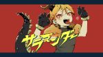  1boy absurdres black_gloves blonde_hair claw_pose gloves highres horns kagamine_len lizard_tail looking_at_viewer open_mouth red_background salamander_(vocaloid) short_hair solo song_name syiga tail tongue tongue_out vocaloid 