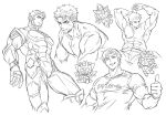  4boys :3 abs ao_isami arms_up bandaid bandaid_on_face bara bravern bruise bruise_on_face cafemoka-septro chibi cropped_legs cropped_torso facial_hair from_below greyscale grin highres injury large_pectorals lewis_smith looking_at_viewer looking_to_the_side male_focus mecha monochrome multiple_boys muscular muscular_male nipples nude pectorals pilot_suit robot shirt short_hair sideburns_stubble smile stubble superbia_(bravern) thumbs_up tight_clothes tight_shirt topless_male white_background yuuki_bakuhatsu_bang_bravern 