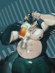  2019 abs alcohol anthro beer belly beverage bottomwear bulge cetacean claws clothing delphinoid dragon facial_piercing glass hand_behind_head hybrid looking_at_viewer male mammal marine musclegut muscular muscular_male navel navel_rim nipples nose_piercing nose_ring oceanic_dolphin orca pecs piercing scar shorts spiked_tail tiggon_the_great toothed_whale 