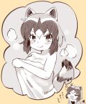  1girl animal_ears blush blush_stickers common_raccoon_(kemono_friends) drooling fang greyscale_with_colored_background highres kemono_friends looking_at_viewer mouth_drool naked_towel open_mouth raccoon_ears raccoon_girl raccoon_tail short_hair smile steam suicchonsuisui tail thought_bubble towel translation_request 