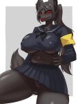  absurd_res anthro big_breasts blush bottomwear breasts canid canine clothed clothing female furdle genitals hi_res mammal no_underwear partially_clothed pussy red_eyes skirt solo tail thick_thighs 
