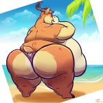  1:1 2019 anthro antlers beach belly big_belly big_butt biped butt clothed clothing cloud day deer digital_drawing_(artwork) digital_media_(artwork) embarrassed fur hi_res hooves horn huge_butt male mammal obese obese_anthro obese_male orange_body orange_fur outside overweight overweight_anthro overweight_male palm_tree plant ray_the_buck rear_view sea signature sky solo standing tail tanio thick_thighs torn_clothing torn_underwear tree underwear underwear_only water wet wet_body wet_fur wide_hips 