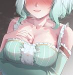  1girl absurdres aqua_hair blush breasts breath cleavage collarbone detached_sleeves frills grey_background grey_hair head_out_of_frame highres indie_virtual_youtuber large_breasts maid mint_fantome multicolored_hair open_mouth parted_lips short_hair simple_background smile solo steaming_body syxh upper_body virtual_youtuber 