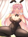  1girl absurdres animal_ears bare_shoulders black_bow black_bowtie bow bowtie breasts cleavage covered_navel curtains elysia_(herrscher_of_human:ego)_(honkai_impact) elysia_(honkai_impact) fake_animal_ears hair_between_eyes hand_up highleg highleg_leotard highres honkai_(series) honkai_impact_3rd kkhyun5016 large_breasts leotard long_hair looking_at_viewer open_mouth pantyhose pink_eyes pink_hair pink_pupils playboy_bunny rabbit_ears solo squatting teeth upper_teeth_only very_long_hair white_wrist_cuffs wrist_cuffs 