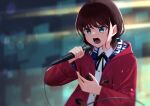  1girl absurdres black_ribbon blue_eyes blurry blurry_background brown_hair collared_shirt commentary_request dress_shirt girls_band_cry highres holding holding_microphone hood hooded_jacket iseri_nina jacket long_sleeves low_twintails microphone music nakiri_hout neck_ribbon open_clothes open_jacket open_mouth outdoors rain red_jacket ribbon shirt short_hair short_twintails singing solo teeth twintails upper_body wet white_shirt 