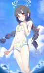  1girl absurdres bikini black_hair blue_archive blue_sky blunt_bangs blurry braid cloud cloudy_sky collarbone commentary_request daeyu_k depth_of_field groin hair_ribbon halo highres in_water leaf leaf_on_head leaf_print long_hair looking_at_viewer low_twintails miyu_(blue_archive) miyu_(swimsuit)_(blue_archive) navel ocran official_alternate_costume official_alternate_hairstyle outdoors parted_lips print_bikini red_eyes ribbon sidelocks sky solo spaghetti_strap standing stomach sweatdrop swimsuit twin_braids twintails 