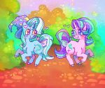 2018 accessory aliasing blue_body blue_fur blue_hair blue_tail blush bow_ribbon clothing colorful_theme cutie_mark digital_media_(artwork) duo equid equine eye_contact eyelashes female feral friendship_is_magic fur furgonomics grey_bow hair hasbro hat headgear headwear heart_inner_ear heart_symbol highlights_(coloring) hooves horn looking_at_another mammal my_little_pony mythological_creature mythological_equine mythology oekaki pink_body pink_bow pink_eyes pink_fur plant purple_clothing purple_eyes purple_hair purple_hat purple_headwear purple_tail quadruped ribbons running shaded shrub smile star starlight_glimmer_(mlp) suippupupu tail tail_accessory tail_bow tail_ribbon teal_highlights teal_sclera trixie_(mlp) unicorn wand wizard_hat yellow_sclera