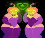 2018 aliasing anthro biped black_background bow_tie breasts cleavage clothed clothing digital_media_(artwork) duo female food food_creature food_humanoid for_a_head gloves green_smoke handwear heart_symbol humanoid jack-o&#039;-lantern latex latex_clothing latex_gloves latex_handwear latex_legwear latex_leotard latex_thigh_highs legwear leotard low_res not_furry object_head oekaki overweight overweight_female overweight_humanoid purple_clothing purple_gloves purple_handwear purple_legwear purple_leotard purple_thigh_highs simple_background skimpy smoke smoking standing stem suippupupu thick_thighs thigh_highs