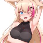  1girl ;d animal_ear_fluff animal_ears arm_behind_head armpits blonde_hair blue_eyes breasts fangs highres indie_virtual_youtuber kureha_mitra long_hair looking_at_viewer medium_breasts multicolored_hair one_eye_closed open_mouth p-nekoe pink_hair simple_background slit_pupils smile solo two-tone_hair upper_body virtual_youtuber white_background 