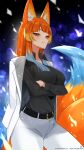  1girl animal_ear_fluff animal_ears belt black_belt black_shirt blue_hair blue_tail breasts closed_mouth collared_shirt commission crossed_arms fox_ears fox_tail gradient_hair highres jacket jacket_on_shoulders k_(art71) long_hair multicolored_hair orange_eyes orange_hair orange_tail original pants shirt skeb_commission snowing solo tail thank_you twitter_username two-tone_tail white_jacket white_pants 