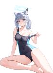  1girl animal_ear_fluff animal_ears bare_legs bare_shoulders barefoot blue_archive blue_eyes blue_halo blue_one-piece_swimsuit blush breasts cleavage collarbone commentary_request covered_navel extra_ears grey_hair halo highres looking_at_viewer medium_breasts menck5428 mismatched_pupils official_alternate_costume official_alternate_hairstyle one-piece_swimsuit open_mouth ponytail pulling_own_clothes shiroko_(blue_archive) shiroko_(swimsuit)_(blue_archive) simple_background sitting solo strap_pull strap_slip swimsuit thighs wet white_background wolf_ears wolf_girl 