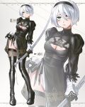  1girl 2b_(nier:automata) absurdres black_dress black_footwear black_gloves black_hairband blue_eyes boots breasts character_name cleavage dress feather-trimmed_sleeves gloves hairband highres holding holding_sword holding_weapon juliet_sleeves leotard leotard_under_clothes long_sleeves mole mole_under_mouth nier:automata nier_(series) no_blindfold puffy_sleeves ringed_eyes short_hair solo sword thigh_boots waligner weapon white_hair 
