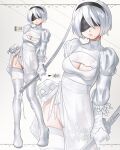  1girl 2b_(nier:automata) absurdres black_blindfold black_hairband blindfold boots breasts cleavage dress feather-trimmed_sleeves gloves hairband highres holding holding_sword holding_weapon juliet_sleeves leotard leotard_under_clothes long_sleeves mole mole_under_mouth nier:automata nier_(series) puffy_sleeves short_hair solo sword thigh_boots waligner weapon white_dress white_footwear white_gloves white_hair 