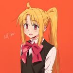  1girl :d ahoge bad_id bad_twitter_id blonde_hair bocchi_the_rock! bow bowtie brown_sweater_vest character_name collared_shirt highres ijichi_nijika kerorira long_hair looking_at_viewer open_mouth orange_background red_bow red_bowtie red_eyes shirt side_ponytail simple_background smile solo sweater_vest upper_body white_shirt 