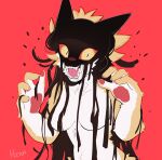  1girl animal_ears animal_nose body_fur collarbone colored_sclera constricted_pupils dream_tiger_(govy9807) fangs fewer_digits furry furry_female hair_censor hands_up highres hoowa024 liquid looking_at_viewer nude open_mouth orange_fur original pawpads personification red_background red_sclera sharp_teeth simple_background slit_pupils solo teeth tiger_girl upper_body white_fur yellow_eyes 