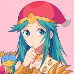  1girl chain closed_eyes collarbone commission diadem gold_chain green_eyes green_hair hand_on_own_chin headwear_switch highres kid_icarus kid_icarus_uprising king_dedede kirby_(series) palutena pom_pom_(clothes) simple_background super_smash_bros. sweat yasaikakiage 