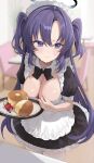  1girl absurdres alternate_costume apron banana black_dress blue_archive blue_eyes blueberry blurry blurry_background blush breasts cafe cleavage commentary_request cowboy_shot dress food frilled_apron frills fruit halo highres indoors large_breasts long_hair looking_to_the_side maid maid_apron maid_headdress mechanical_halo pancake purple_hair ri_yonn solo souffle_pancake standing strawberry thighhighs two_side_up white_apron white_thighhighs yuuka_(blue_archive) 