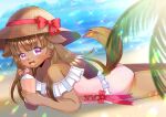 1girl animal_ears bare_shoulders beach blurry blurry_background blurry_foreground bow brown_hair brown_hat commentary_request commission cup day depth_of_field dog_ears dog_girl dog_tail drinking_glass frilled_one-piece_swimsuit frills furry furry_female hair_ornament hairclip hat hat_bow heart heart_hair_ornament holding holding_cup kou_hiyoyo long_hair lying off-shoulder_one-piece_swimsuit off_shoulder on_ground on_stomach one-piece_swimsuit original outdoors palm_tree pink_one-piece_swimsuit purple_eyes red_bow ribbon-trimmed_swimsuit ribbon_trim sand skeb_commission solo swimsuit tail tree very_long_hair water 