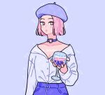  1girl beret blue_background blue_choker blue_pants blue_shirt blunt_ends breasts bubble_tea buckle buttons choker cleavage collarbone collared_shirt commentary cowboy_shot cup denim drink drinking_glass emily_kim english_commentary expressionless fingernails forehead hat heart heart-shaped_buckle high-waist_pants holding holding_drink jeans light_blush lips long_sleeves o-ring original pants parted_lips pink_eyes pink_hair pocket purple_hat shirt short_hair simple_background solo sparkle twitter_username wine_glass 