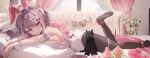  1girl :o ahoge animal animal_ears arm_strap bare_shoulders barefoot black_cat black_pantyhose blush bow breasts cat couch cupcake curtains day eyes_visible_through_hair fake_animal_ears fake_tail flower food foot_out_of_frame grey_cat hair_bow hair_intakes hair_ornament hair_ribbon highres indoors leg_up leotard letter_hair_ornament long_hair looking_at_viewer lying mole mole_under_eye on_stomach original outstretched_arms pantyhose parted_lips pillow pink_bow pink_eyes pink_flower pink_hair pink_rose plant playboy_bunny potted_plant rabbit_ears rabbit_tail revision ribbon rose soles solo tail white_leotard white_ribbon white_tail window wrist_cuffs zerocat 