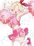  1girl armpits blonde_hair blush bow bow_hairband breasts cheering cheerleader closed_eyes clothes_writing commentary_request crop_top facing_viewer hairband happy heart holding holding_pom_poms kajino_(aosansai) leg_up midriff miniskirt narita_miho navel open_mouth outstretched_arm pink_shirt pink_skirt pleated_skirt polka_dot polka_dot_background pom_pom_(cheerleading) red_bow red_hairband shirt shoes short_hair skirt sleeveless sleeveless_shirt small_breasts smile sneakers solo split_mouth thighhighs thought_bubble translation_request watashi_ga_motenai_no_wa_dou_kangaetemo_omaera_ga_warui! white_background white_footwear white_thighhighs 