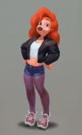 2019 anthro beauty_mark bottomwear breasts canid canine canis clothed clothing denim denim_clothing denim_shorts digital_media_(artwork) disney domestic_dog ear_piercing ear_ring female flo goof_troop hair hands_on_hips hi_res jacket legwear light_skin long_hair looking_at_viewer mammal midriff navel open_jacket pantyhose piercing red_hair roxanne_(goof_troop) shirt shorts simple_background smile sneakers solo standing tank_top thong topwear 