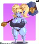  absurd_res averag3artist belly big_breasts blonde_hair blue_body breasts camel_toe clothing crop_top female hair hammer hi_res huge_breasts huge_thighs humanoid humanoid_pointy_ears league_of_legends melee_weapon panties pigtails pink_eyes poppy_(lol) pubes riot_games shirt short_stack skindentation slightly_chubby solo tencent thick_thighs thong tools topwear underwear weapon wide_hips yordle 