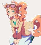  1girl animal_ears aqua_eyes bag between_breasts blush breasts cat_ears cat_girl cat_tail coat eyewear_on_head gurepyon hair_ornament handbag heart heart_hair_ornament long_hair long_sleeves looking_at_viewer orange_hair pants pokemon pokemon_(game) pokemon_swsh side_ponytail simple_background smile solo sonia_(pokemon) strap_between_breasts sunglasses tail trench_coat 