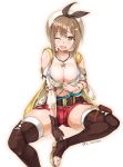  1girl atelier_(series) atelier_ryza bangs belt blush breasts brown_eyes brown_gloves brown_hair cleavage flask gloves hair_ornament hairclip hat jewelry kasuka looking_at_viewer necklace one_eye_closed open_mouth red_shorts reisalin_stout short_shorts shorts simple_background single_glove solo star star_necklace sweat sweatdrop thighhighs twitter_username vial white_background 