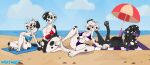  101_dalmatian_street 101_dalmatians absurd_res anthro areola areola_slip ball beach beach_ball beach_towel beach_umbrella big_breasts big_butt bikini black_body black_fur breasts butt canid canine canis clothed clothing crossgender dalmatian dante_(101_dalmatians) dawkins_(101_dalmatians) deepak_(101_dalmatians) disney domestic_dog dylan_(101_dalmatians) female fur group hi_res holding_leg holding_object huge_breasts inflatable kneeling looking_at_viewer lying mammal nipple_outline on_front open_mouth parasol pawpads paws purple_body purple_fur sea sitting smile spots spread_legs spreading swimwear thick_thighs towel umbrella water white_body white_fur whitewolf20xx 