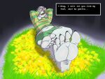  anthro asriel_dreemurr blush bottomwear bovid bulge caprine clothed clothing covering covering_face embarrassed feet first_person_view flower flower_bed foot_fetish foot_focus goat grass hi_res male mammal navel pants plant sitting sitting_on_ground smile soles solo talking_to_viewer the_g0lden_0ne topwear undertale undertale_(series) yellow_flower 