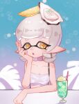  1girl :o arm_rest bare_arms bare_shoulders blunt_bangs breasts cleavage collarbone cross-shaped_pupils earrings food food_on_head fruit gradient_background hand_on_own_face hand_up highres inkling jewelry lemon lemon_slice long_hair marie_(splatoon) medium_breasts mole mole_under_eye object_on_head official_alternate_costume open_mouth orange_pupils oyster plum0o0 pointy_ears short_eyebrows solo splatoon_(series) splatoon_3 strapless symbol-shaped_pupils teeth tentacle_hair tube_top upper_teeth_only white_tube_top yellow_eyes 
